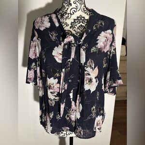 Rebecca Taylor Dark Blue Floral Tie-Neck Blouse